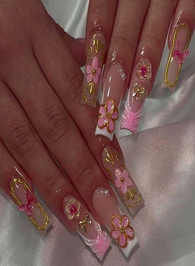 Foccna Pink Press on Nails Artificail Long, French Square Fake Nails, 3D Flowers Acrylic for Women Reusable Nail Kit,24pcs, Gorgeous Nails - Image 1